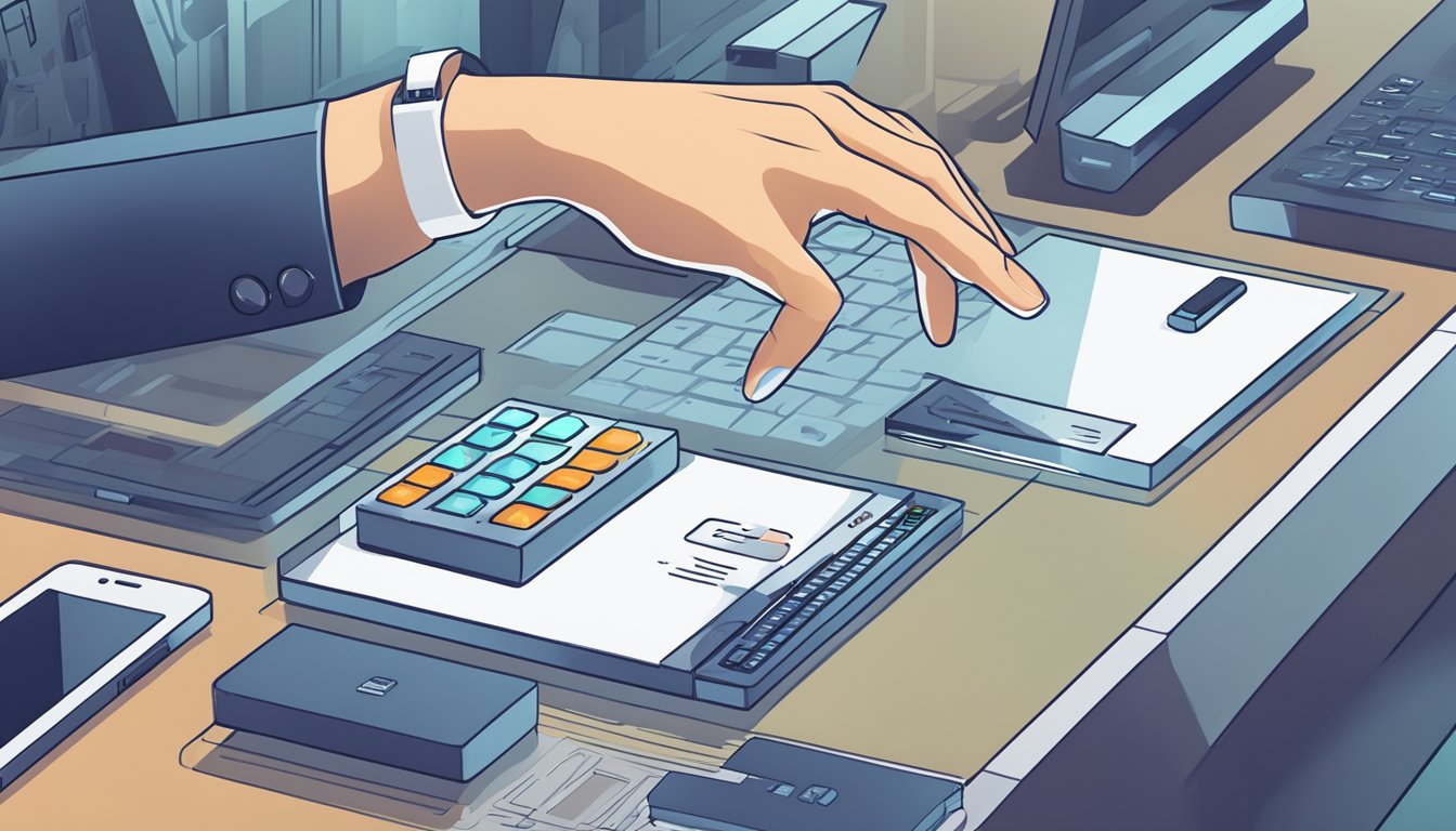 A hand places a Ledger Nano S on a secure surface, surrounded by authentication devices and security features