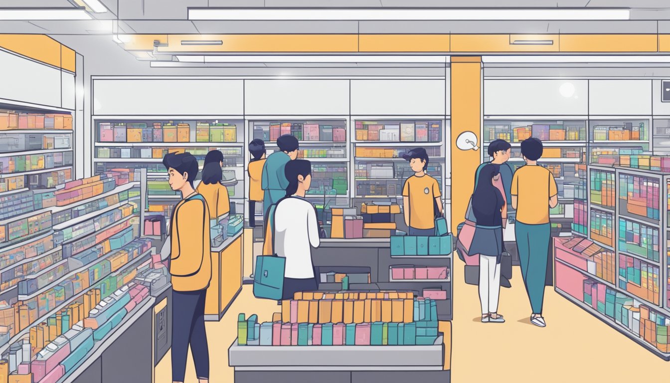 A bustling electronic store in Singapore with shelves stocked with Ledger Nano S devices, customers asking questions to the attentive staff
