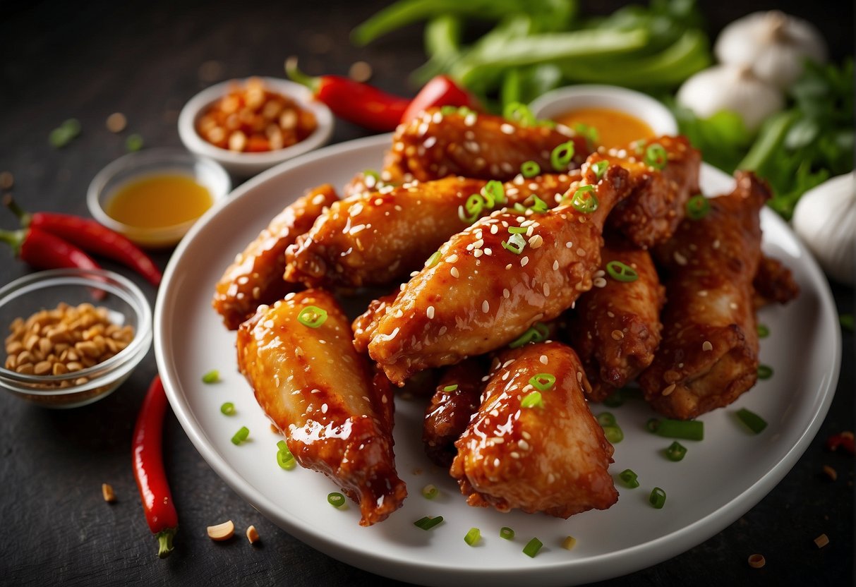 A plate of spicy Chinese chicken wings surrounded by ingredients like soy sauce, garlic, and chili peppers, with possible substitutes like tofu or seitan
