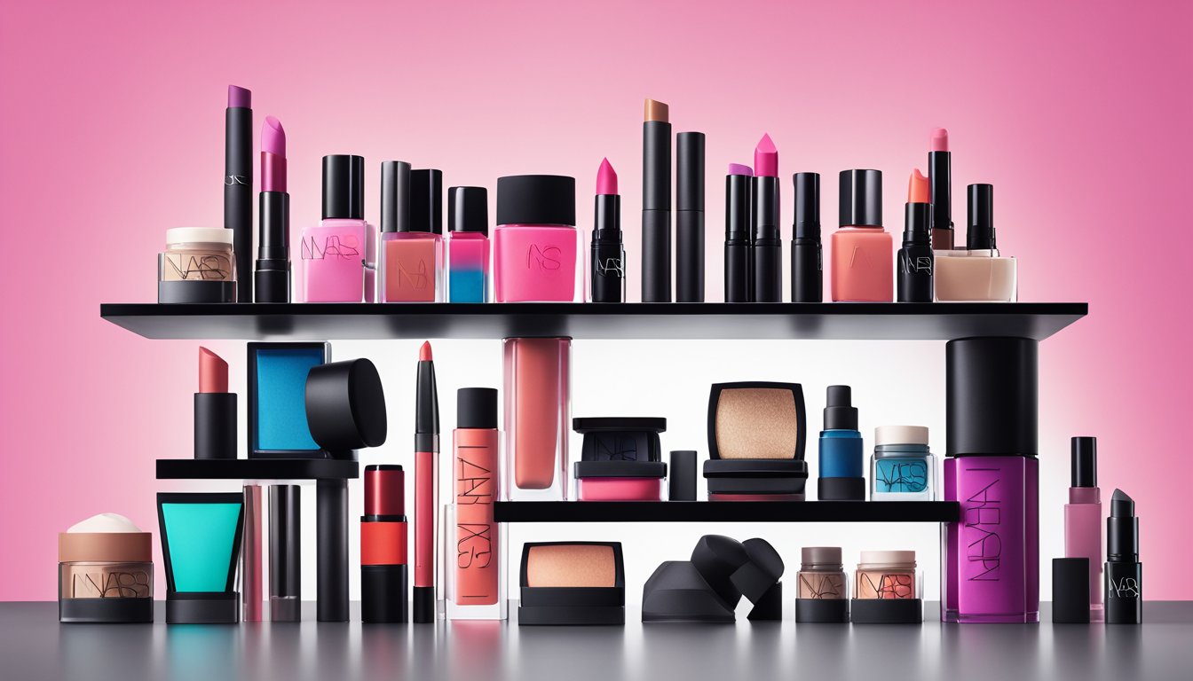 A vibrant display of Nars Cosmetics products arranged on a sleek, modern shelf. The backdrop is a clean, minimalist setting with soft lighting