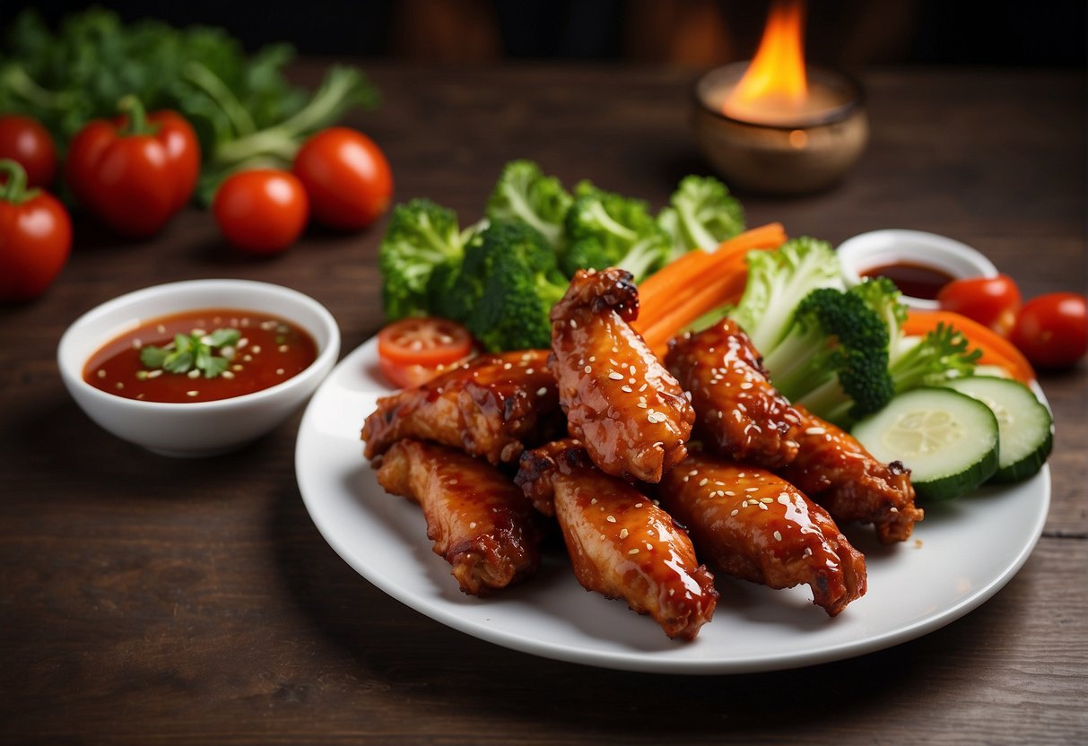 A plate of spicy Chinese chicken wings with a side of dipping sauce, surrounded by fresh vegetables and a stack of napkins