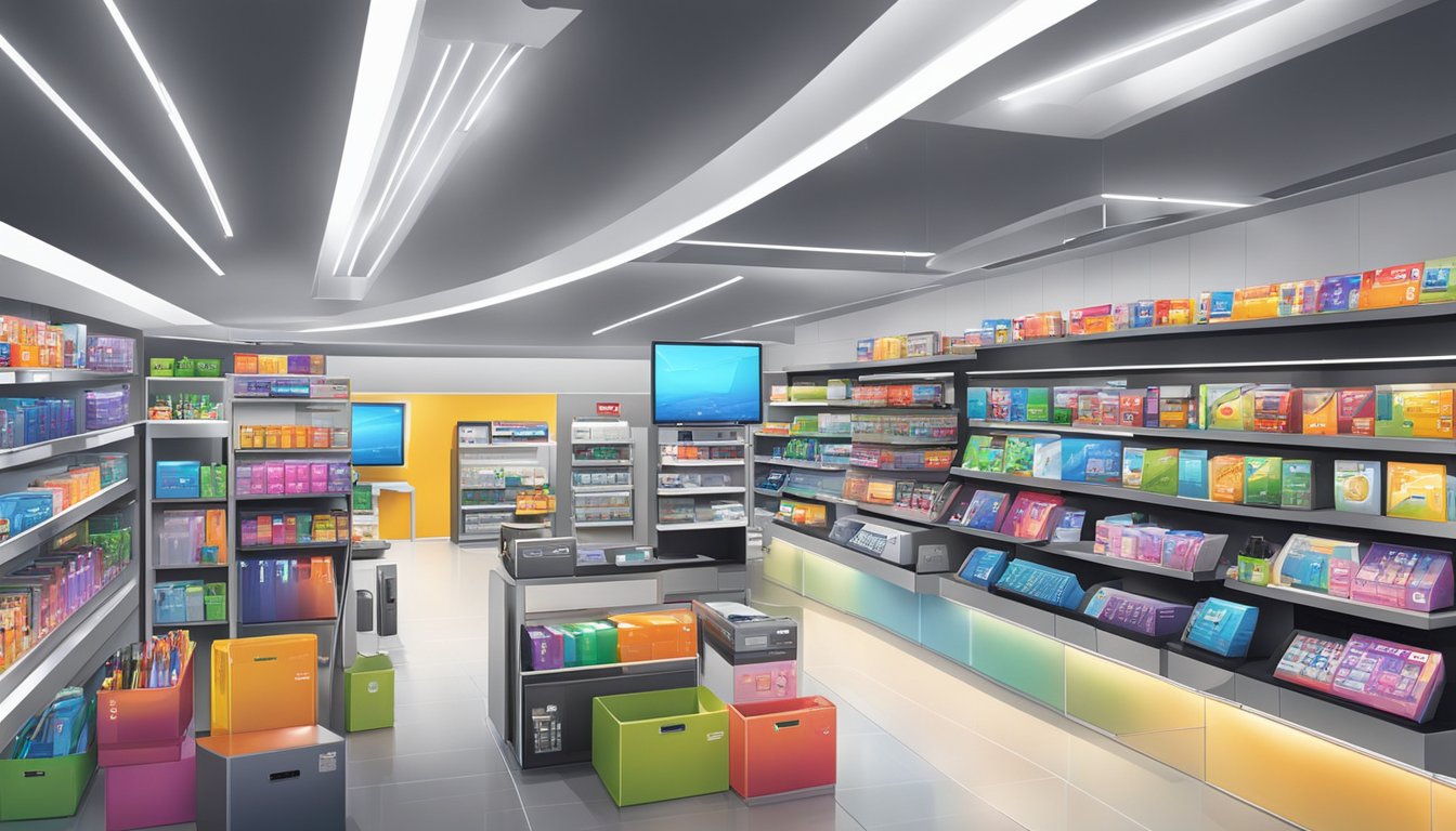 A bustling electronic store in Singapore displays a variety of Lenovo products on sleek, modern shelves. Brightly lit and inviting