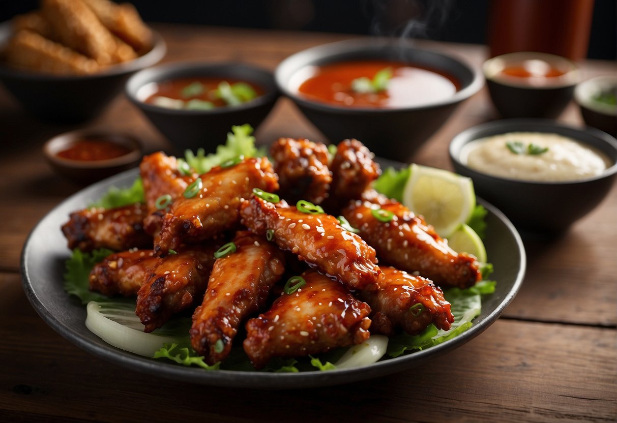 A plate of spicy Chinese chicken wings with chopsticks and a side of dipping sauce on a wooden table