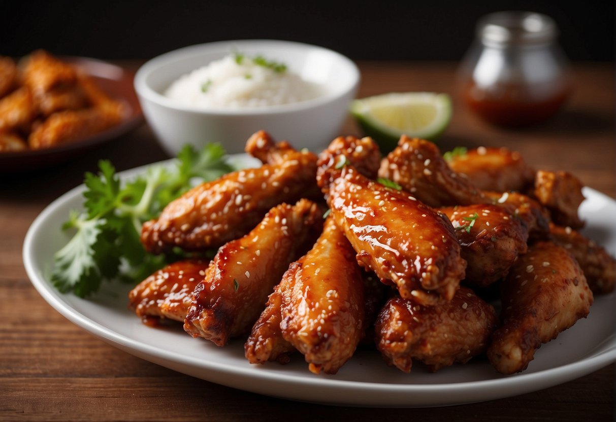 A plate of spicy Chinese chicken wings sits on a wooden table next to a stack of white ceramic plates. Steam rises from the wings, and a small bowl of dipping sauce is placed nearby