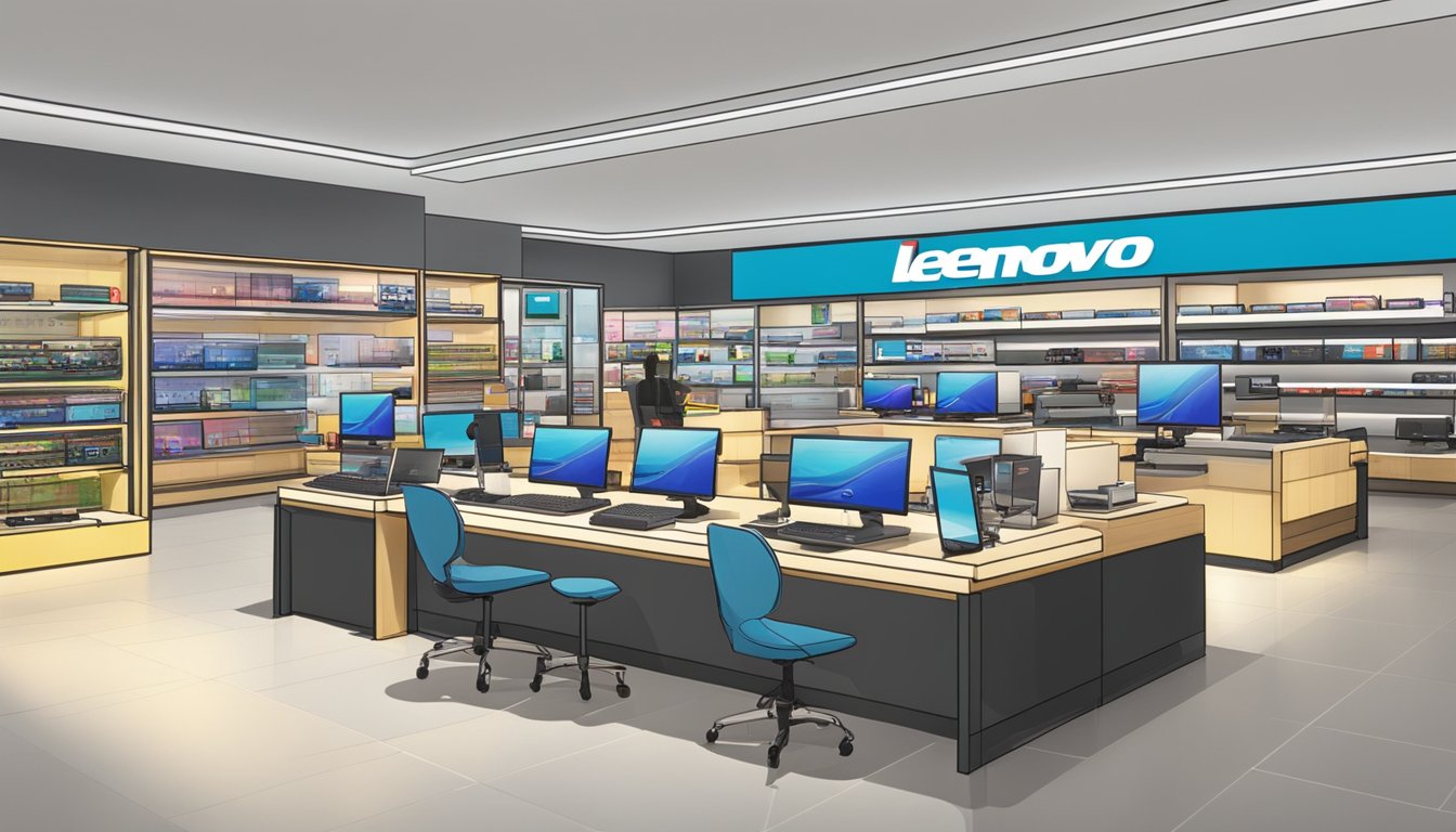 Lenovo's products displayed in a sleek Singaporean electronic store. Brightly lit shelves showcase laptops, tablets, and accessories. Customers browse and interact with the devices