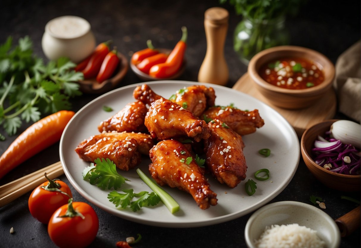 A plate of spicy Chinese chicken wings surrounded by ingredients and cooking utensils