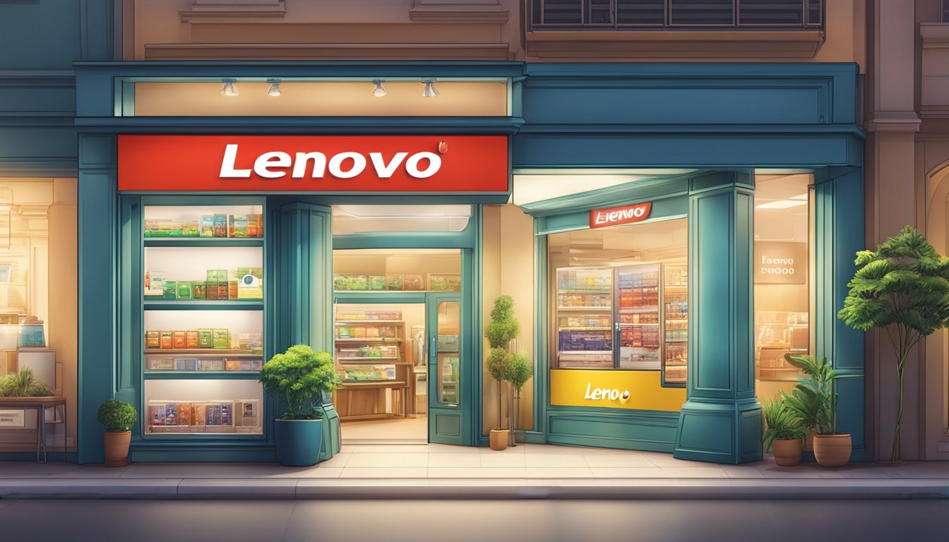A storefront with a prominent sign reading "Lenovo Products Available Here" in Singapore. Brightly lit and welcoming
