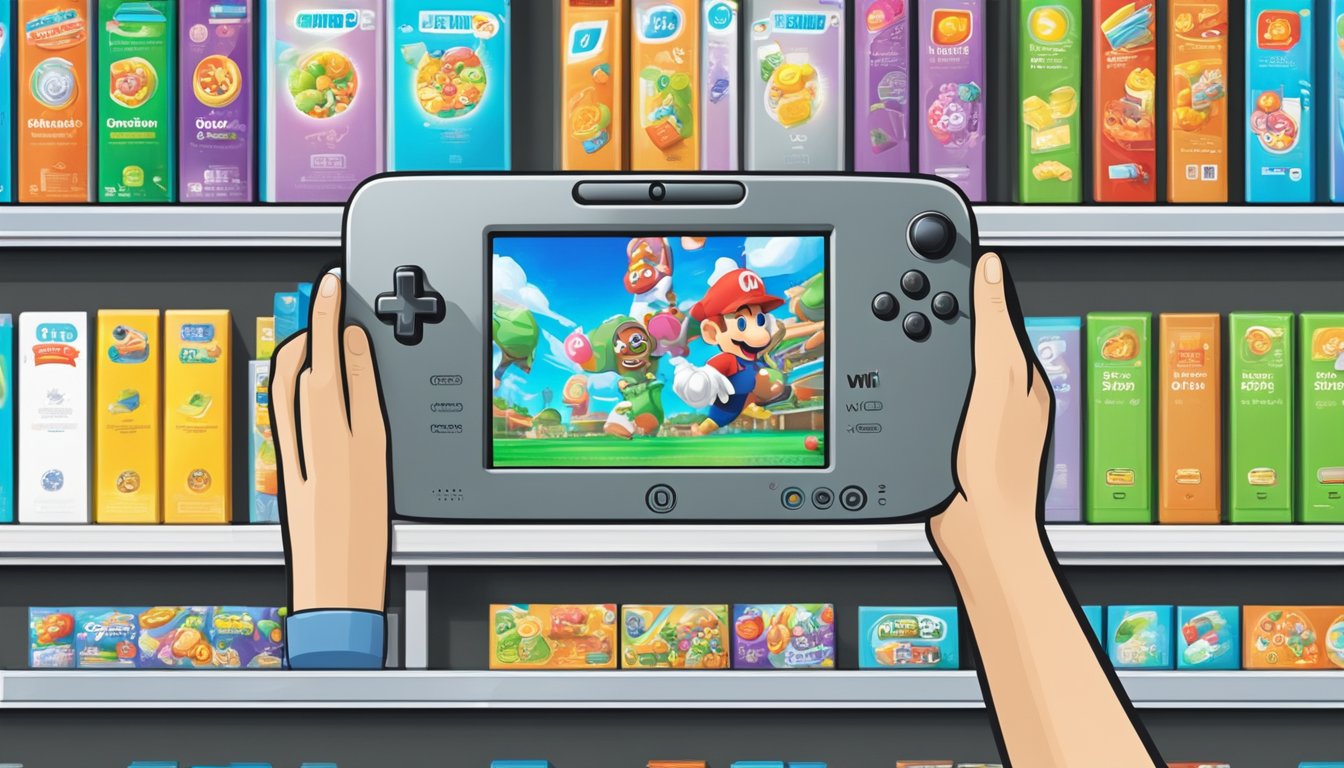 A hand reaches for a Nintendo Wii console on a store shelf in Singapore. The colorful packaging stands out against the background