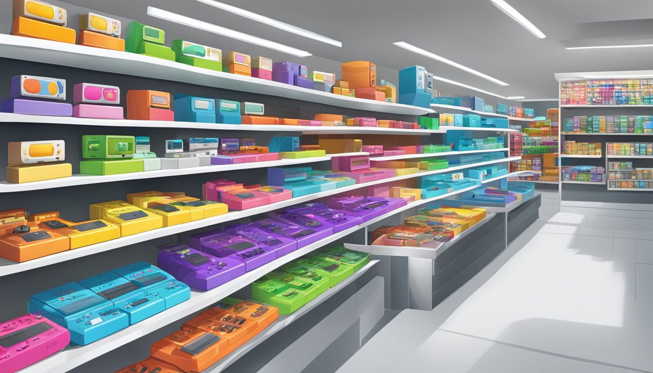A colorful display of Wii consoles, controllers, and games arranged on shelves with bright lighting and a clean, modern store environment