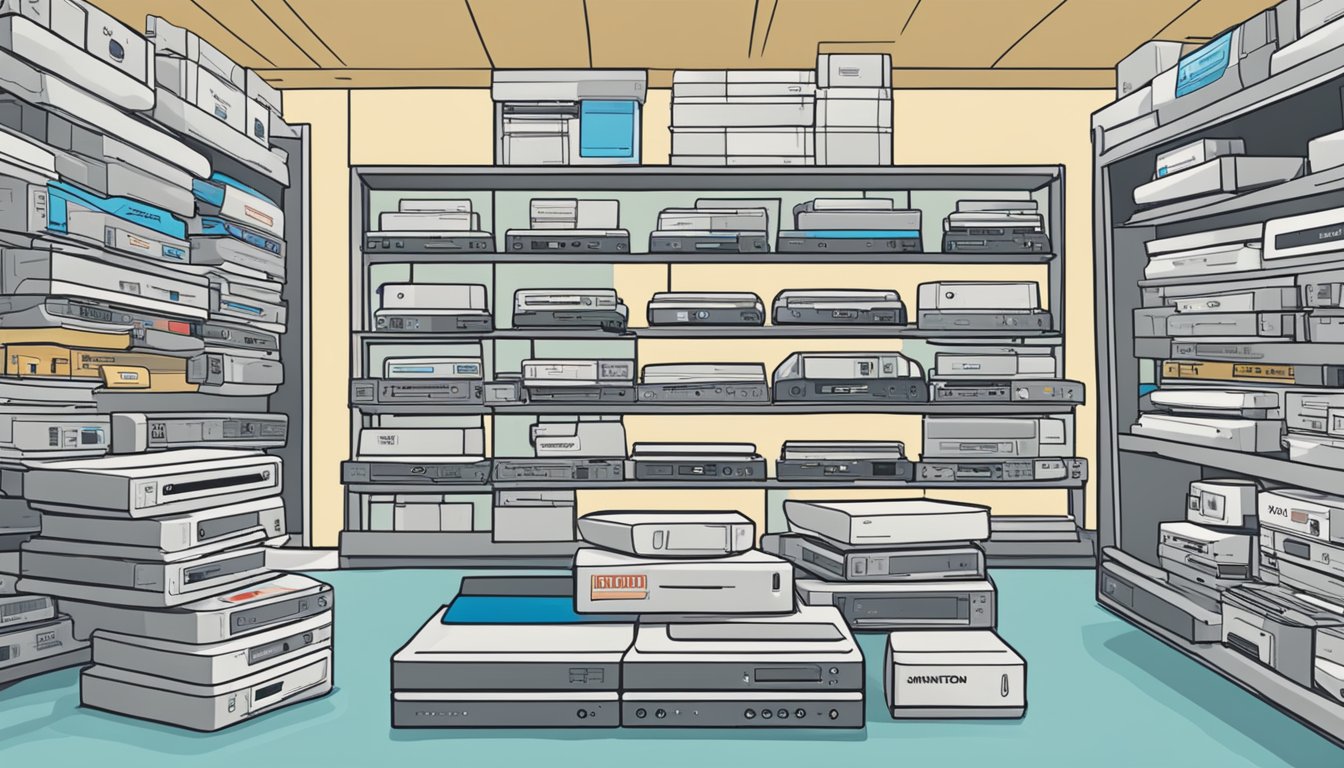 A stack of Nintendo Wii consoles with a sign reading "Frequently Asked Questions" in a bustling electronics store in Singapore