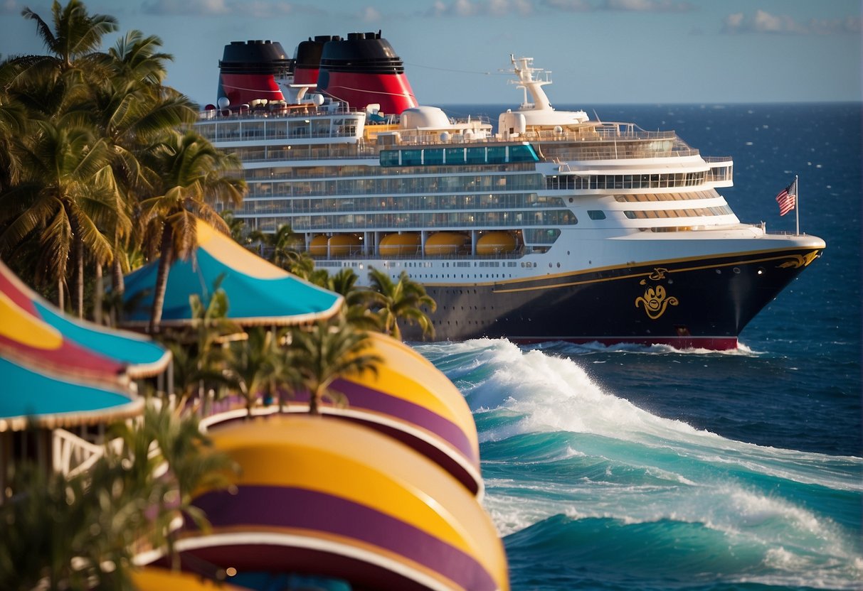 A lineup of Disney cruise ships, each adorned with vibrant colors and iconic characters, set against a backdrop of sparkling ocean waves