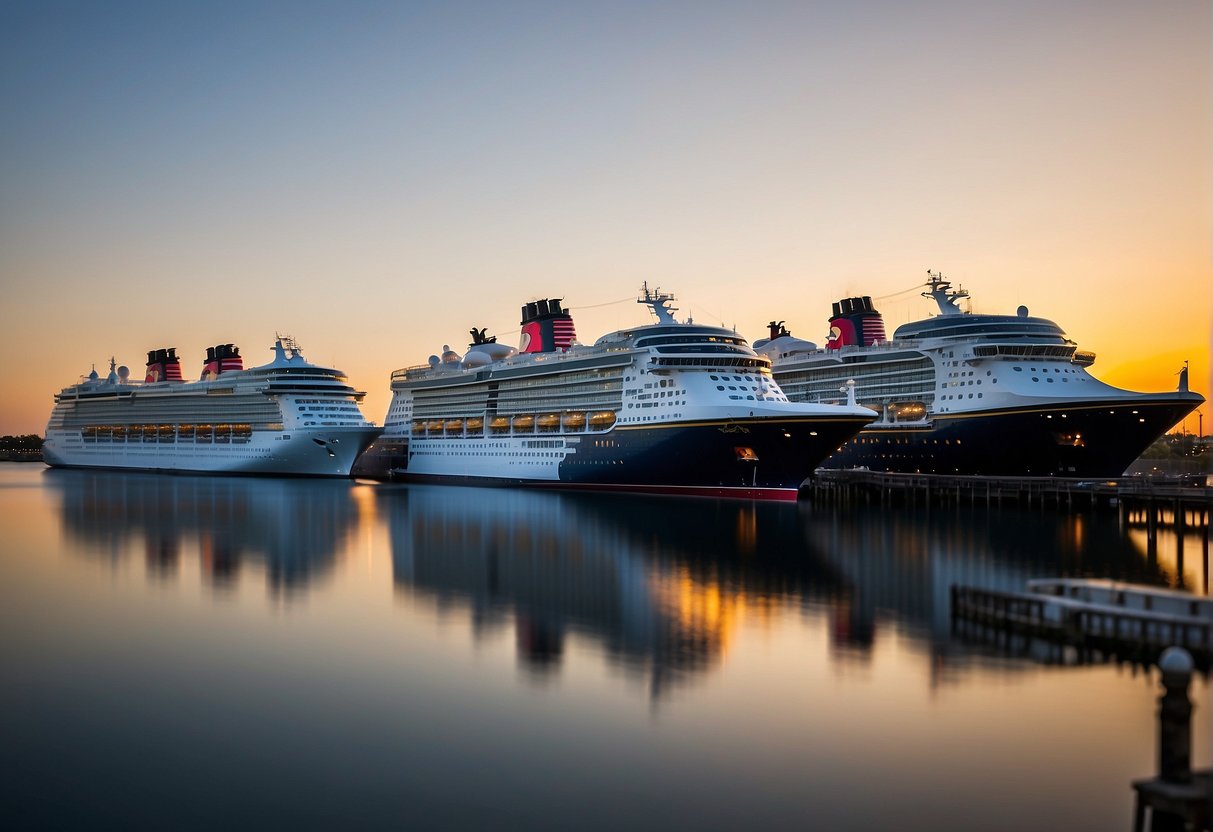 Three Disney cruise ships lined up in order of size, with the largest ship in the foreground and the smallest ship in the background