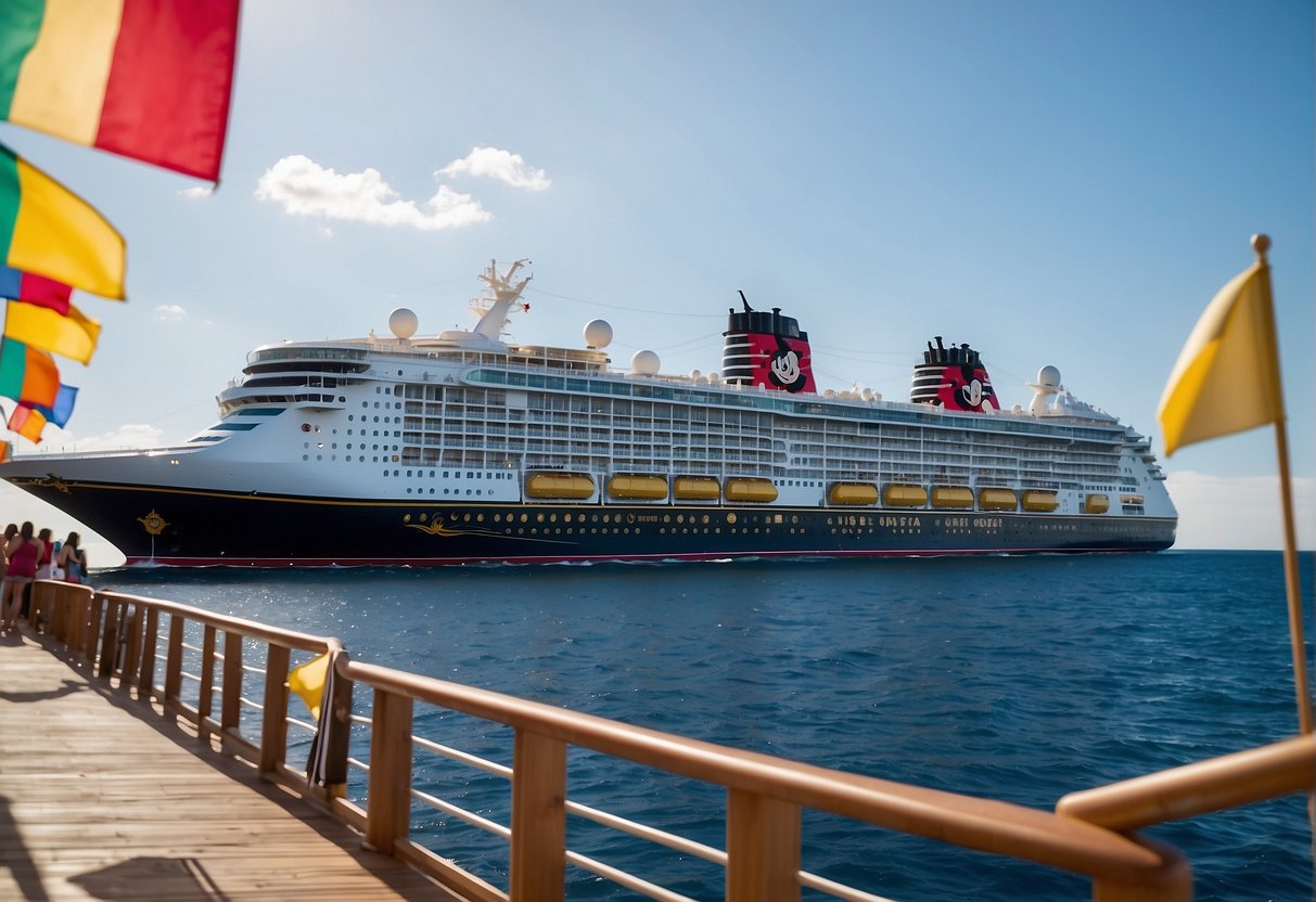 The Disney cruise ships line up in a sparkling blue ocean, with colorful flags fluttering in the breeze and cheerful passengers enjoying the deck activities