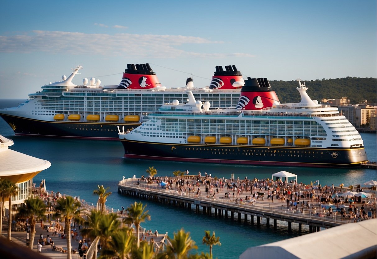 A fleet of Disney cruise ships, varying in size and design, docked at a bustling port, with families and children eagerly boarding for a magical adventure at sea