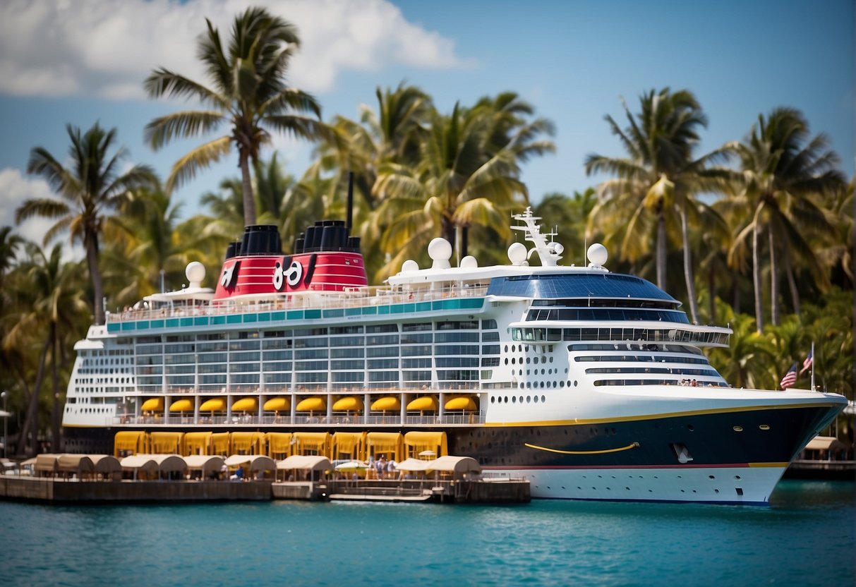 A lineup of Disney cruise ships, each adorned with colorful logos and characters, docked at a tropical port with palm trees and clear blue waters in the background