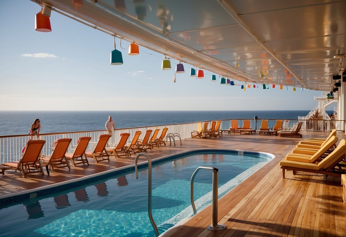 A Disney cruise ship sails on calm waters, with colorful deck chairs and families enjoying activities like swimming and playing games