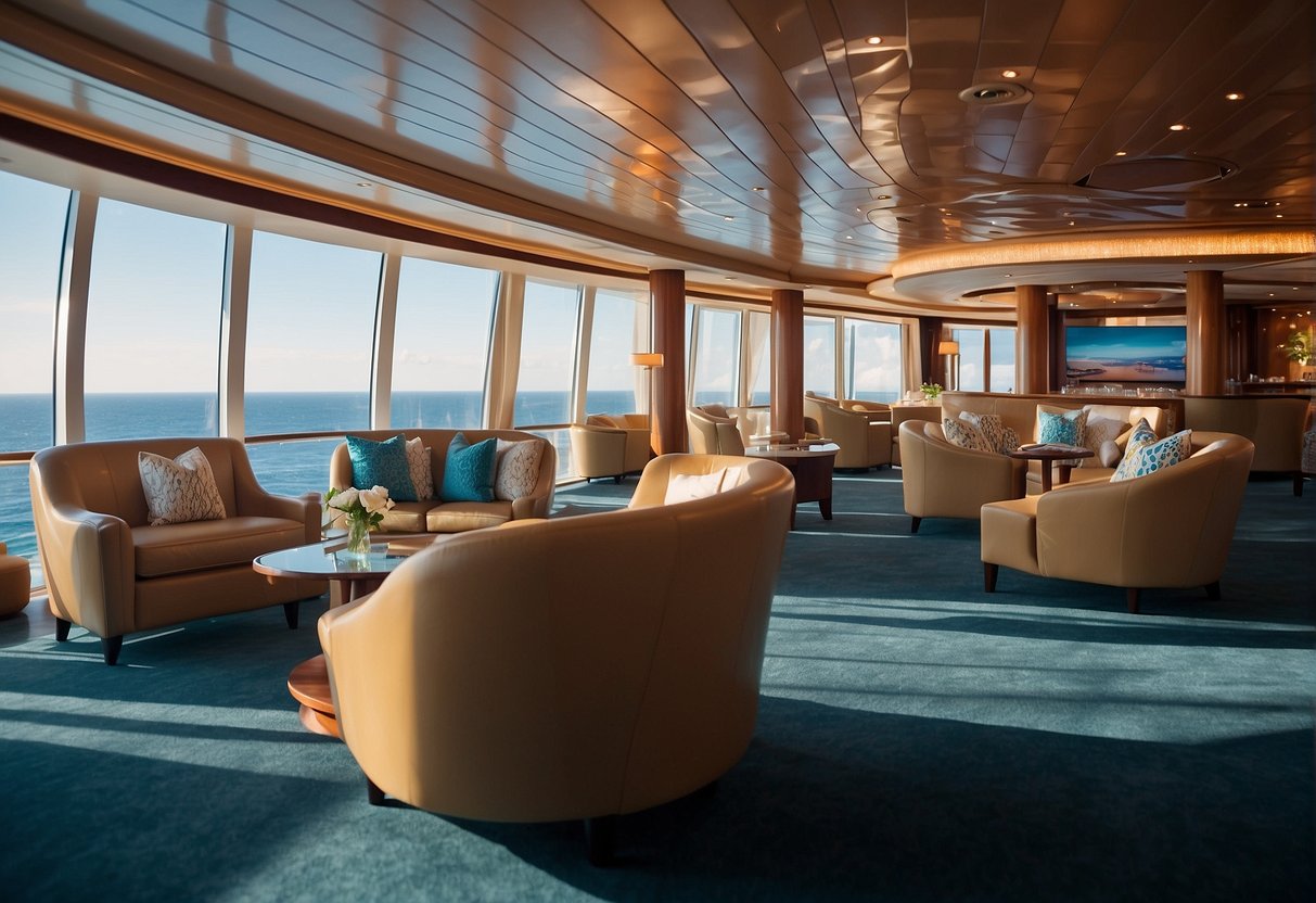 A serene, adults-only lounge on a Disney cruise ship, with elegant decor, soft lighting, and a panoramic view of the ocean