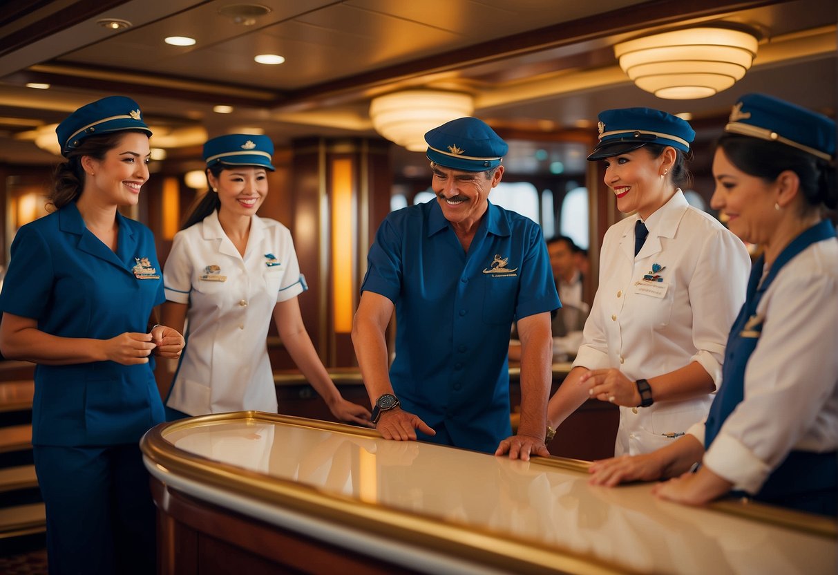 The Disney cruise ship crew members provide exceptional service to guests, going above and beyond to ensure a memorable experience for everyone on board