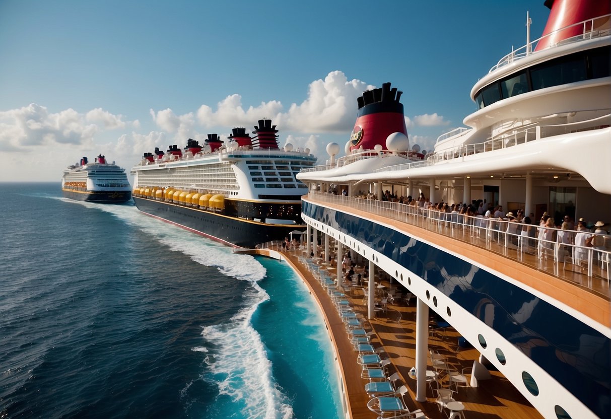 A lineup of Disney cruise ships, each distinct in size and design, with a backdrop of a beautiful ocean and clear blue skies