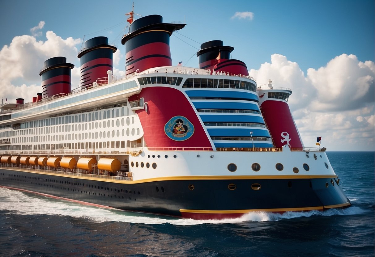 A Disney cruise ship sails gracefully on the sparkling blue ocean, towering over the waves with its iconic red and black smokestacks. The ship is adorned with colorful banners and flags, exuding an atmosphere of magic and excitement