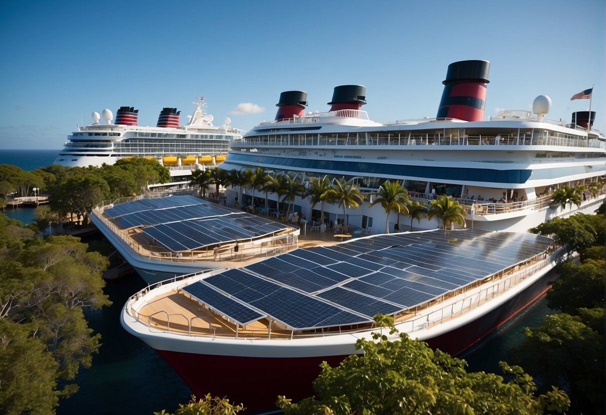 Disney cruise ships implement sustainable practices: solar panels, recycling bins, and water treatment systems. Lush greenery and clear blue waters surround the ship