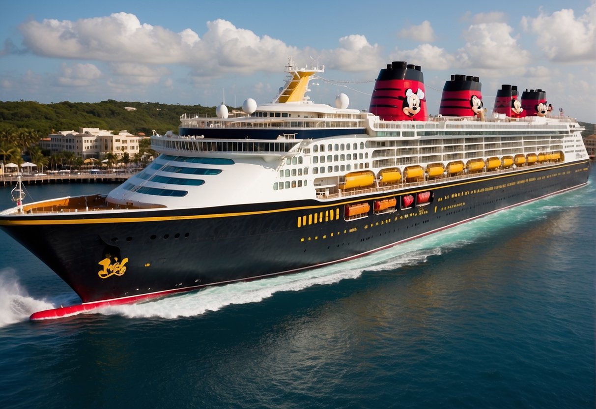 A lineup of Disney cruise ships, each with a different ranking label, set against a backdrop of a sunny, tropical port