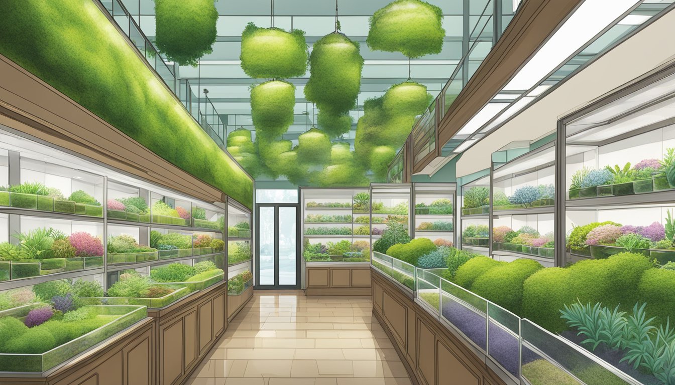 A lush garden store in Singapore displays vibrant live moss varieties in glass terrariums and hanging planters