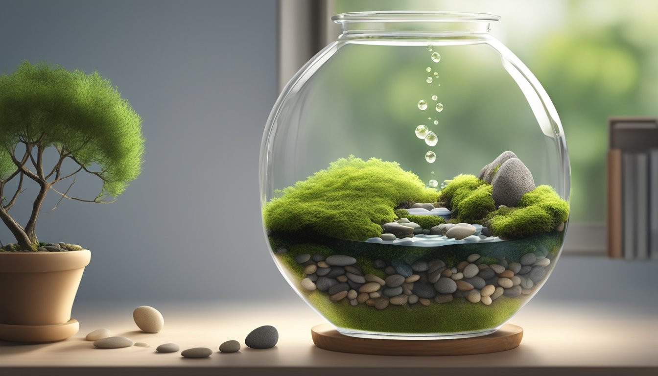 A hand pouring water onto a bed of live moss, placed in a glass terrarium with a layer of pebbles at the bottom