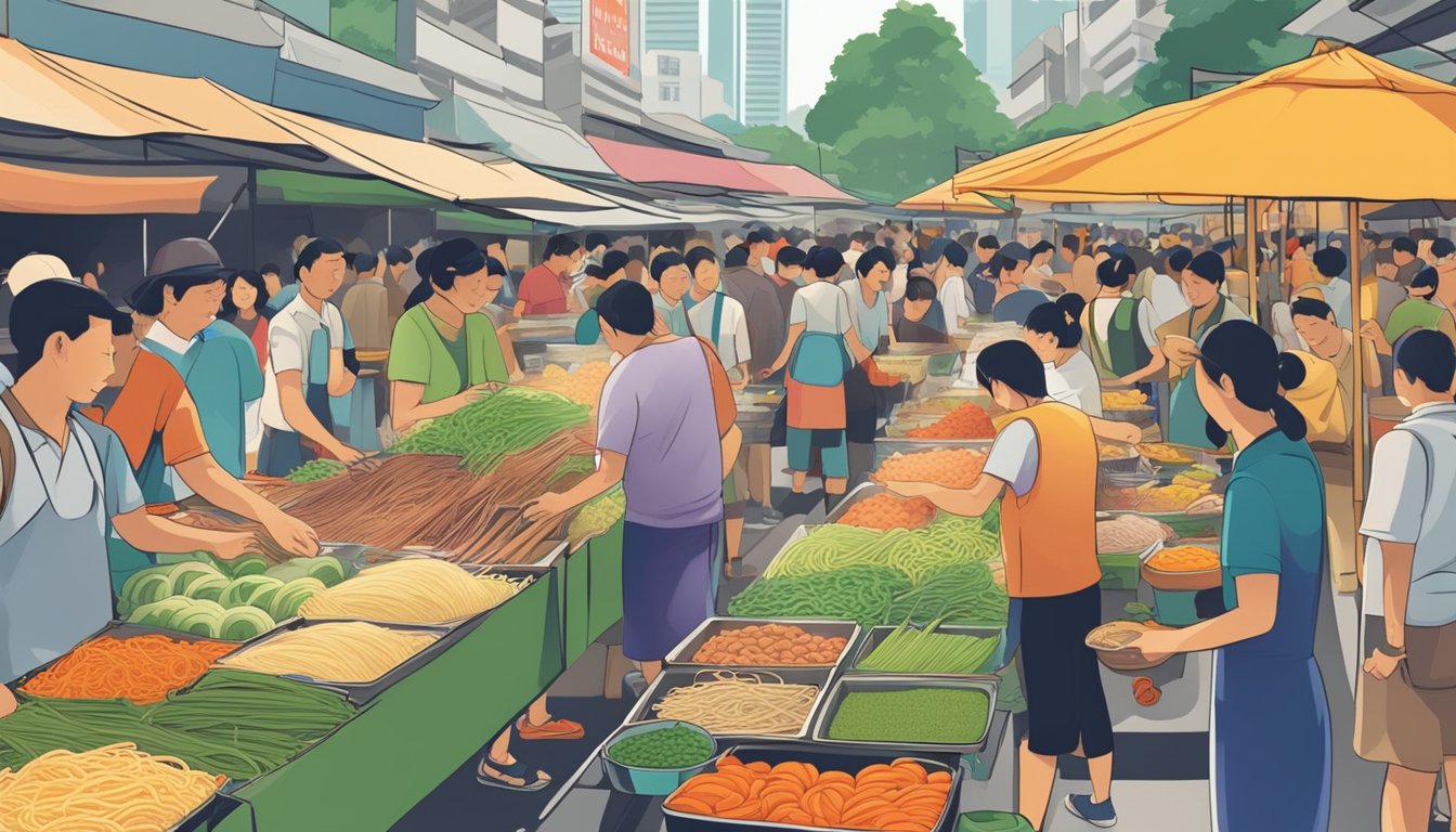 A bustling street market in Singapore, with colorful stalls selling fresh produce and various types of noodles. A sign reads "Longevity Noodles" in bold letters at a crowded food vendor's stand