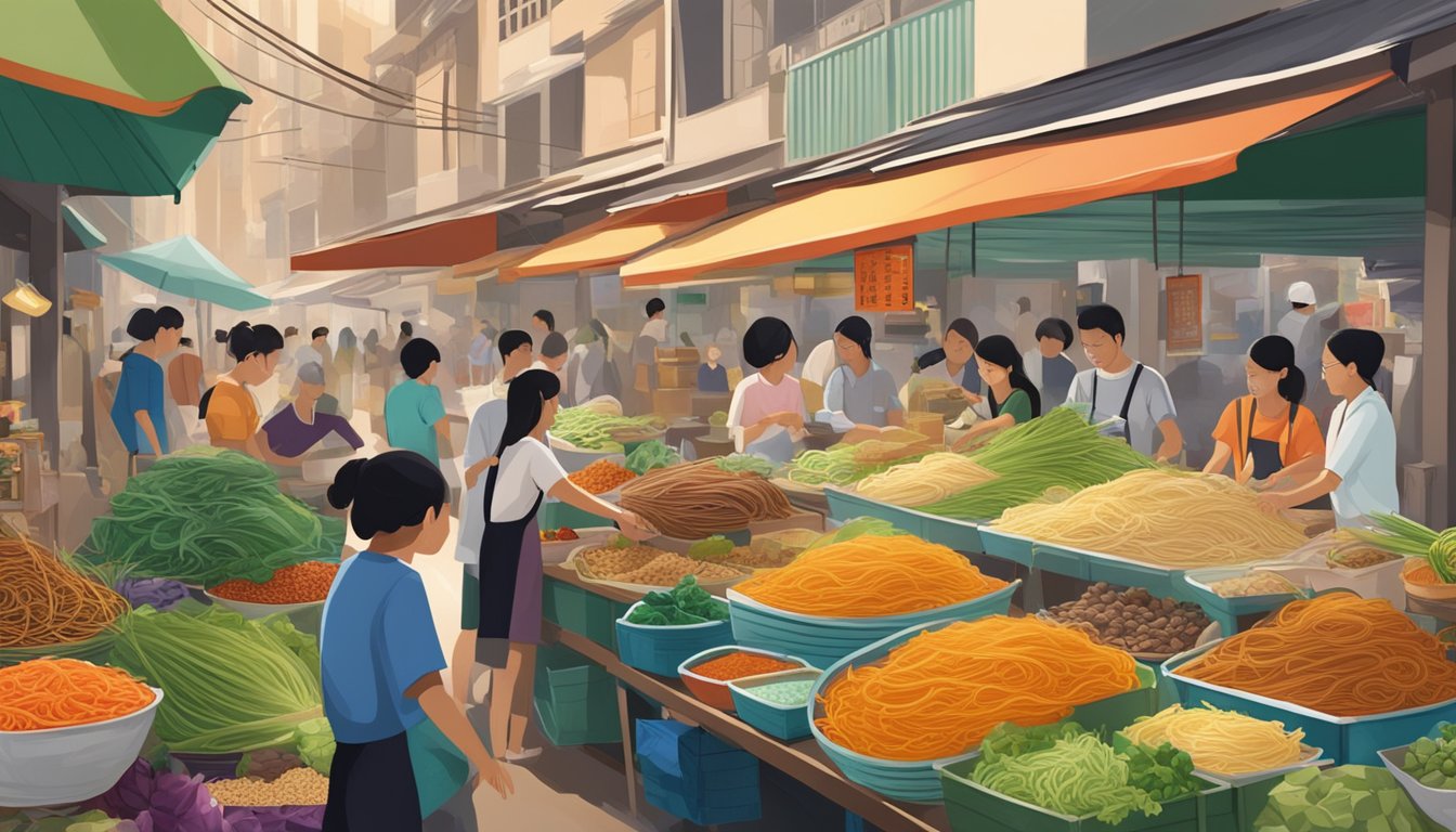 A bustling Singapore market stall sells bundles of longevity noodles, adorned with vibrant packaging and surrounded by exotic spices and fresh produce