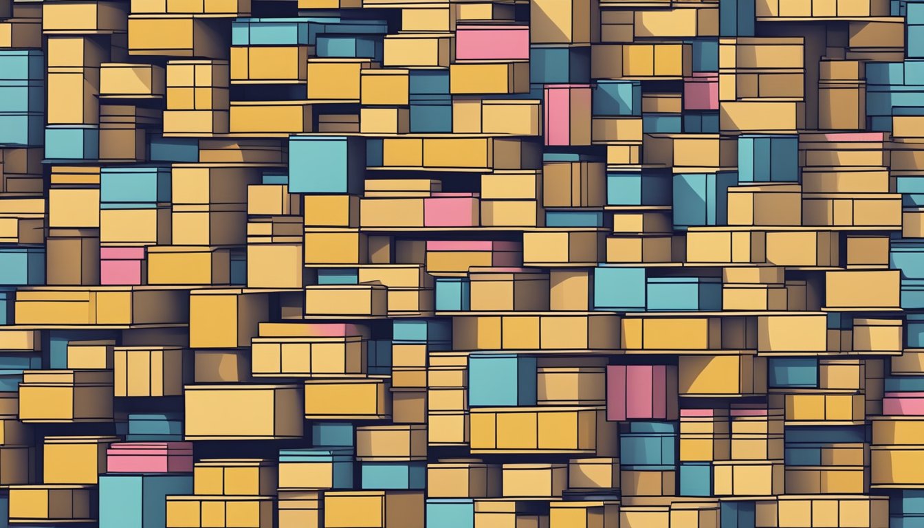A hand reaches for a stack of various paper boxes, examining each one closely for size, durability, and design. The boxes are neatly arranged on a shelf, with different colors and patterns to choose from
