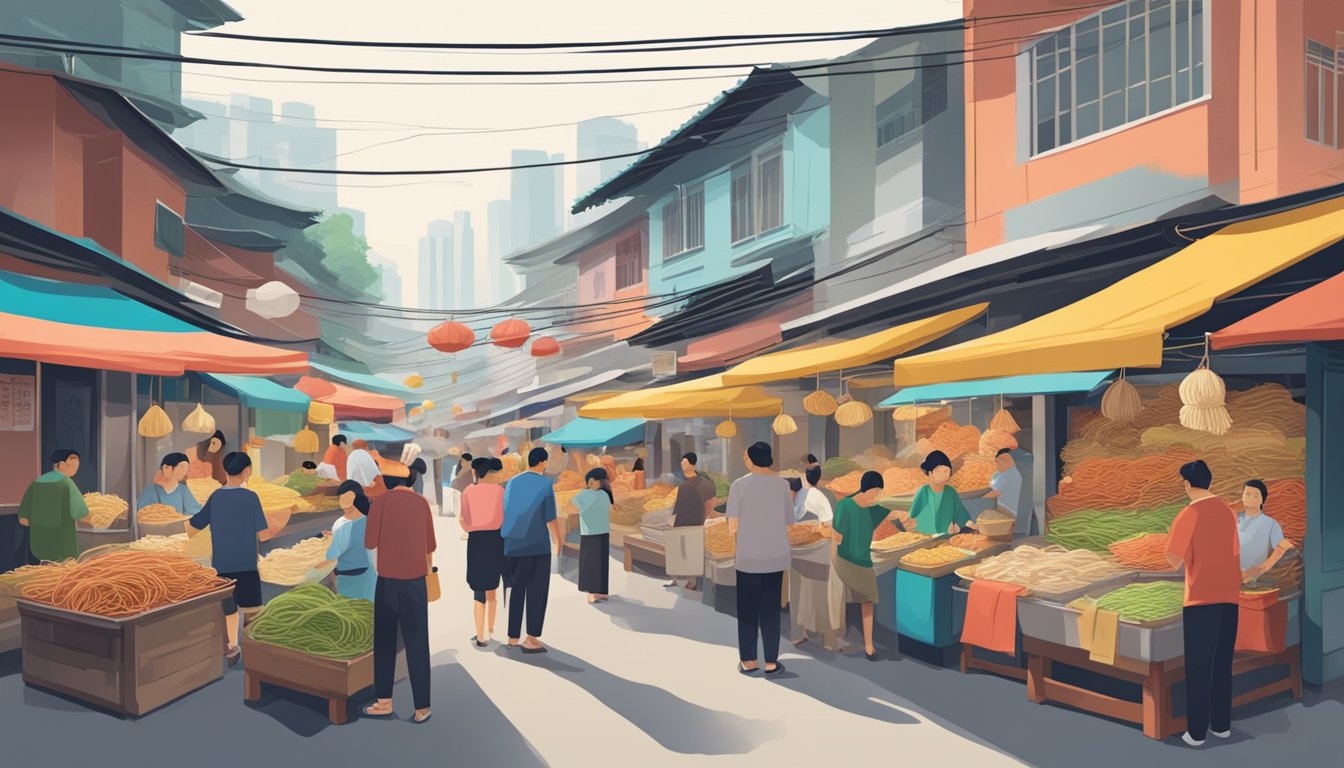 A bustling Asian market with colorful noodle stalls and vendors selling bundles of longevity noodles in Singapore