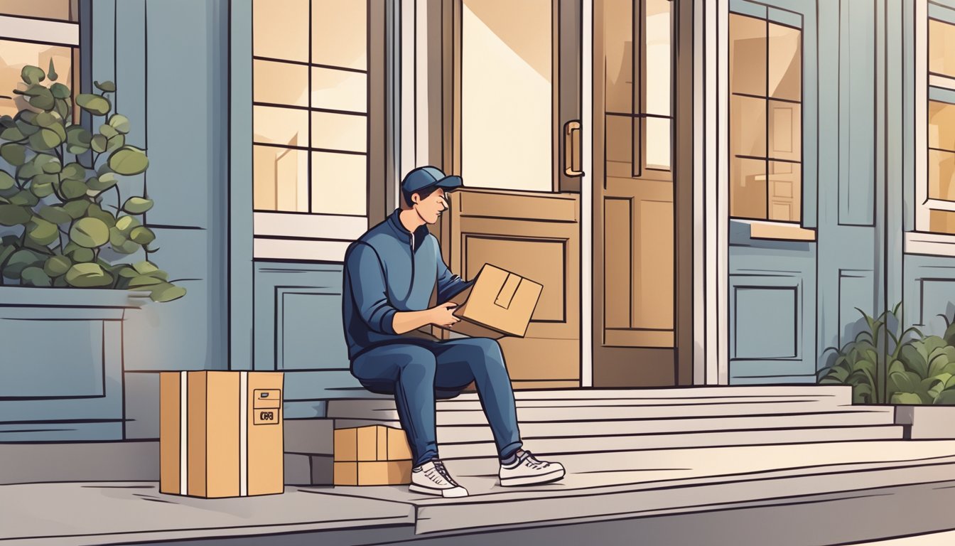A customer orders a paper box online. A delivery person drops off the package at the customer's doorstep