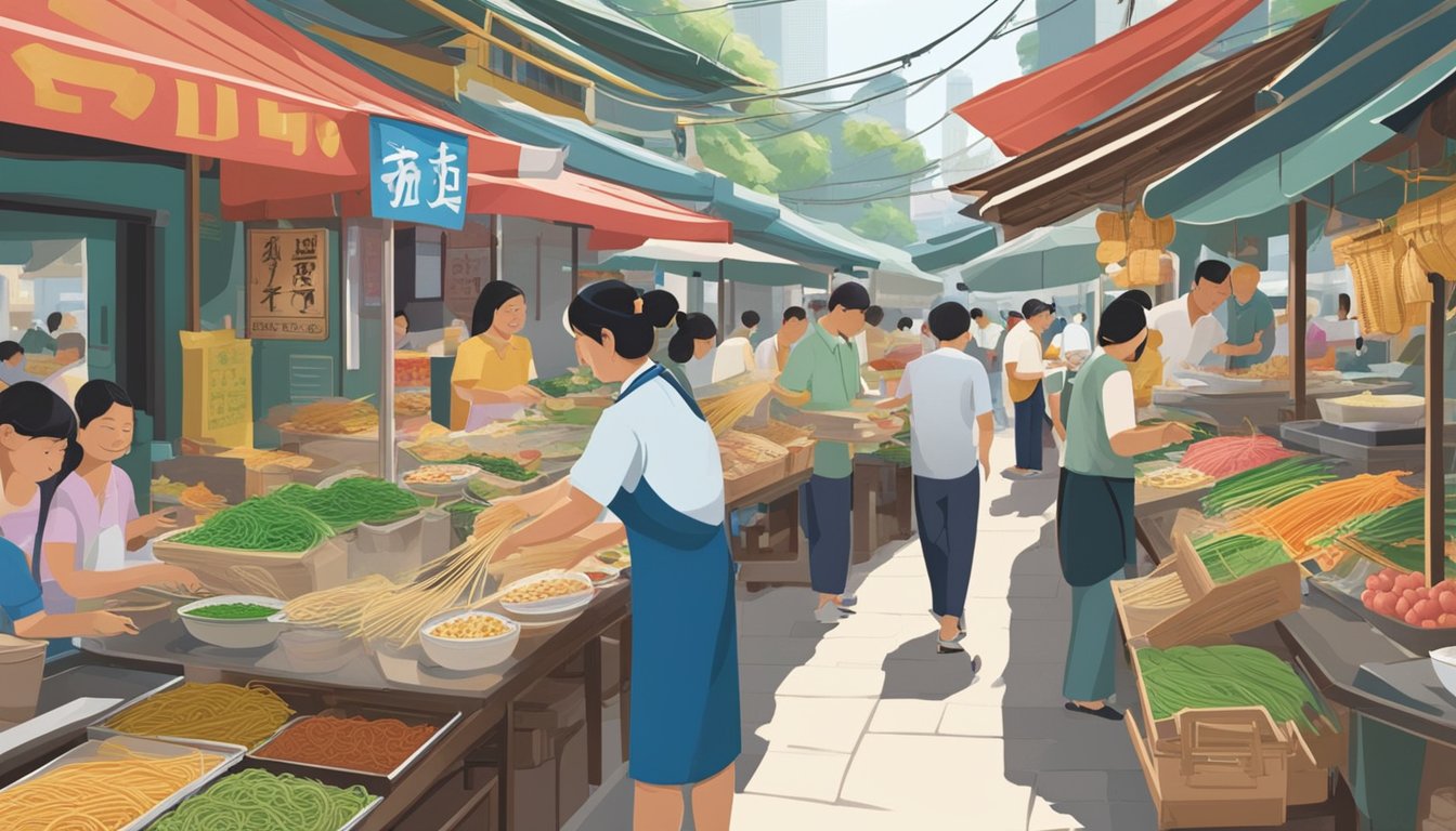 A bustling Singapore market stall displays colorful signs advertising "longevity noodles." Customers inquire and purchase the popular dish, while the vendor busily prepares and serves the noodles to eager patrons