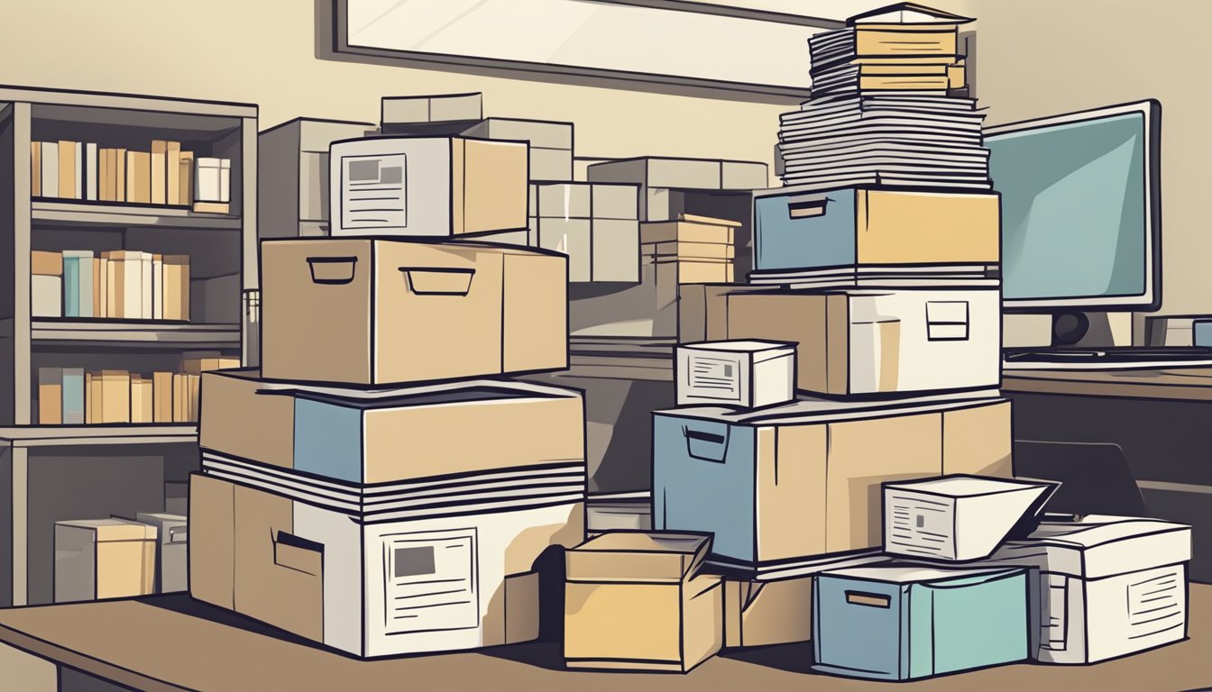 A stack of paper boxes labeled "Frequently Asked Questions" in a Singaporean setting, surrounded by office supplies and a computer