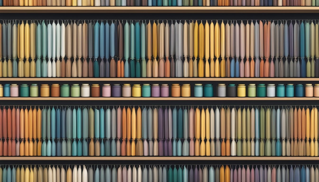A display of macrame cords in various colors and textures, neatly organized on shelves in a craft store in Singapore