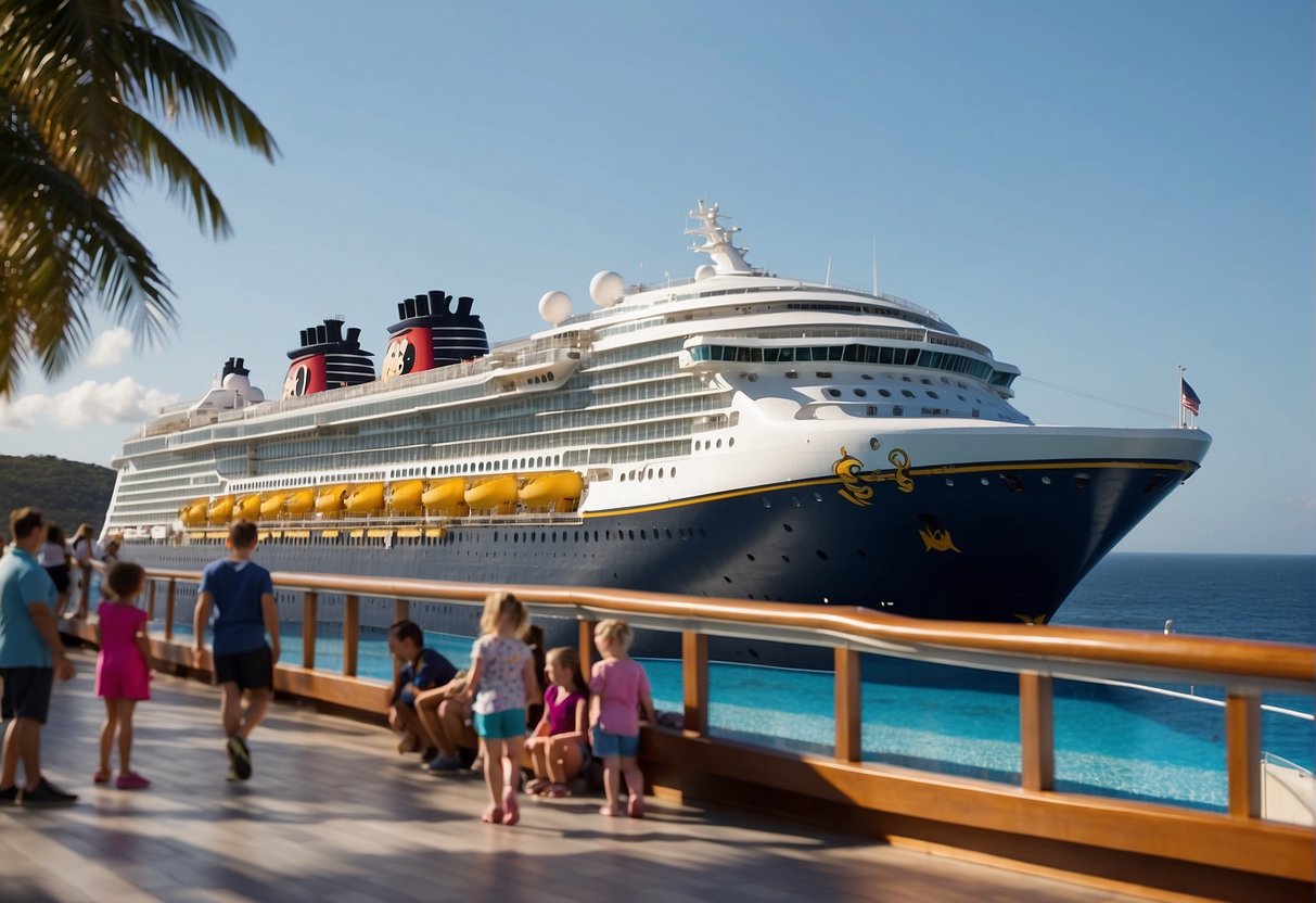 A Disney cruise ship and a Royal Caribbean ship sail side by side, with families enjoying the onboard activities and the beautiful ocean view