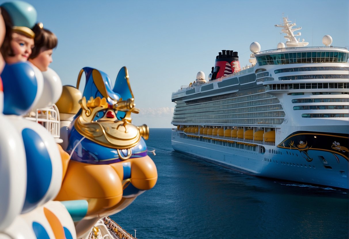 A Disney cruise ship sails alongside a Royal Caribbean vessel, both adorned with colorful logos and surrounded by clear blue waters. The ships are filled with happy vacationers enjoying the amenities and activities onboard