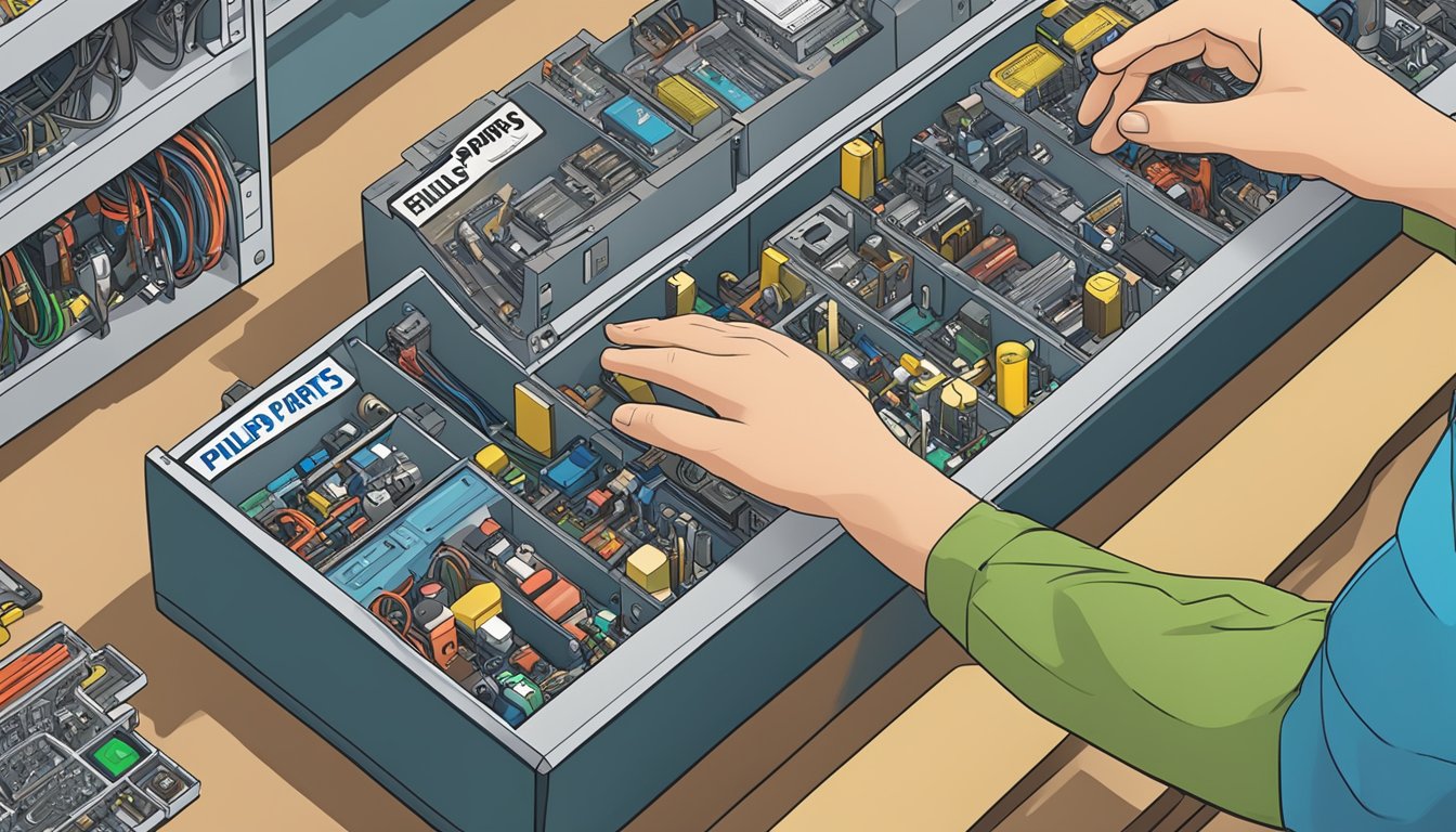 A hand reaching for a box labeled "Philips Spare Parts" on a shelf filled with various electronic components