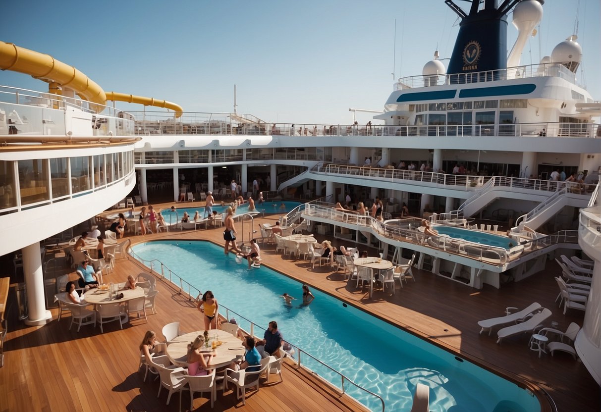 A bustling cruise ship deck with families enjoying activities, while others relax by the pool or dine at outdoor restaurants. The ship's logo is prominently displayed on the funnel