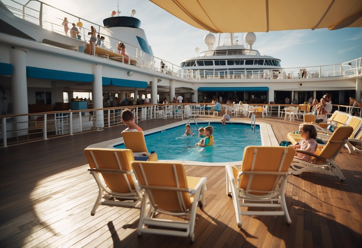 Families enjoying activities on a cruise ship, with children participating in games and parents relaxing on deck chairs. Disney and Royal Caribbean logos visible on various amenities