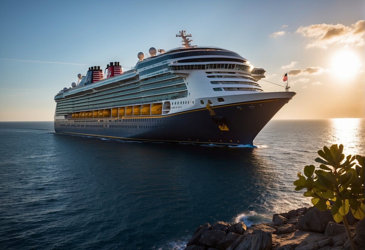 A Disney cruise ship and a Royal Caribbean ship docked side by side, with both vessels displaying their environmental commitment through the use of solar panels, wind turbines, and waste recycling systems