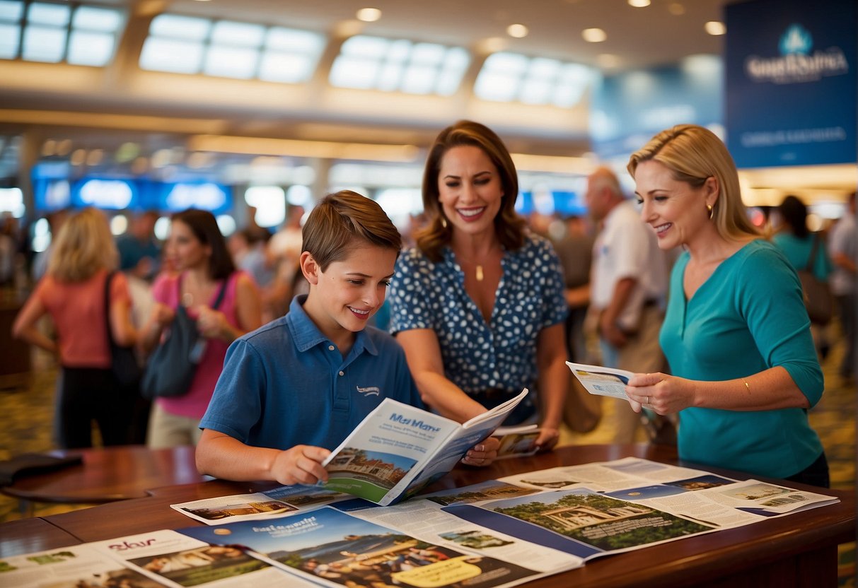 A bustling cruise ship terminal with families comparing brochures, pointing at posters, and discussing the merits of Disney Cruise Line versus Royal Caribbean