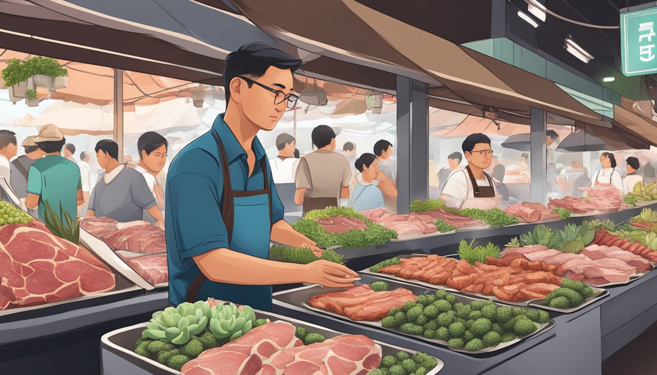 A bustling marketplace in Singapore, with a vendor proudly displaying succulent mangalica pork cuts at a specialty meat stall
