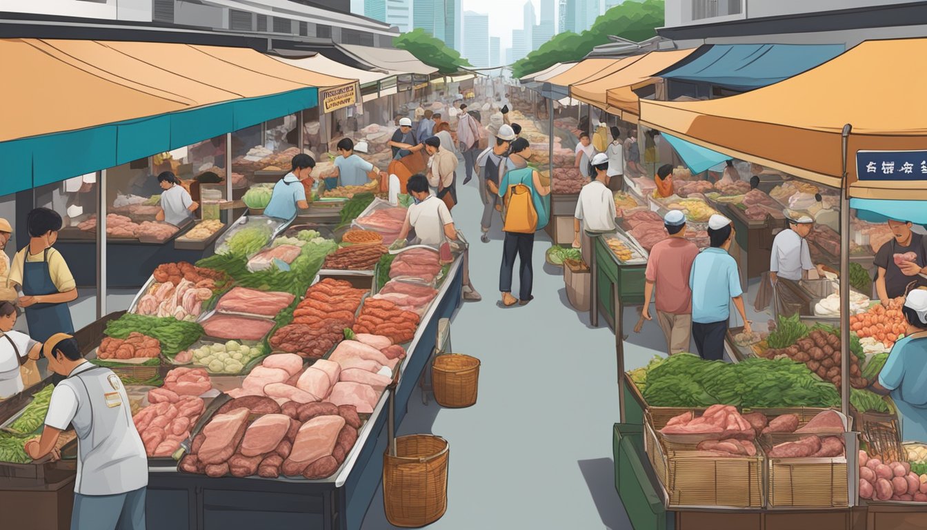 A bustling marketplace with various vendors selling fresh meats, a sign advertising Mangalica pork in Singapore prominently displayed
