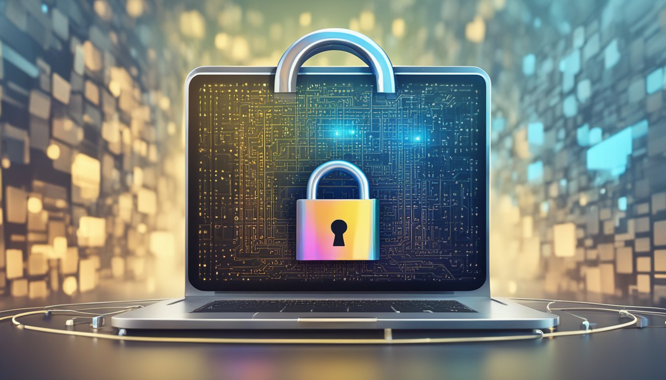 A locked padlock icon on a computer screen with a shield symbol in the background, surrounded by digital code and a firewall