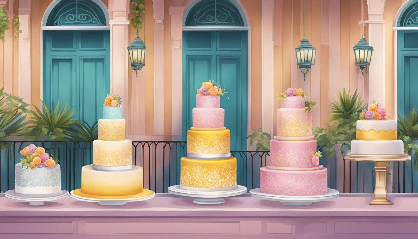 A display of elegant celebration cakes, adorned with intricate designs and vibrant colors, set against a backdrop of a quaint bakery in Singapore