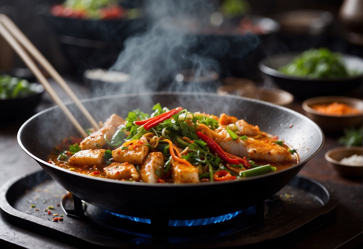 A wok sizzles with spicy fish, surrounded by vibrant Chinese spices and herbs. Steam rises as the fish cooks, filling the air with an enticing aroma