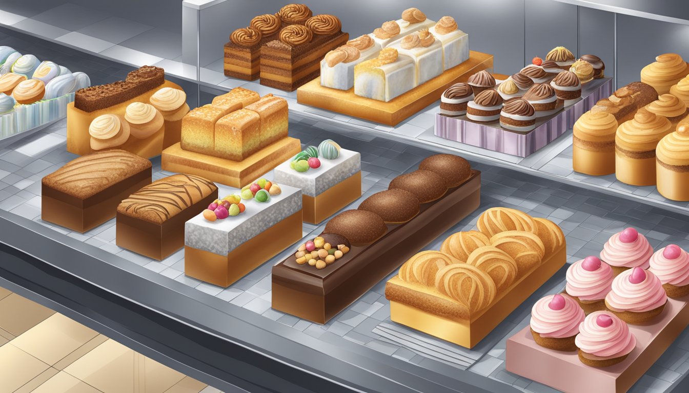 A bustling bakery display with marble cakes in Singapore