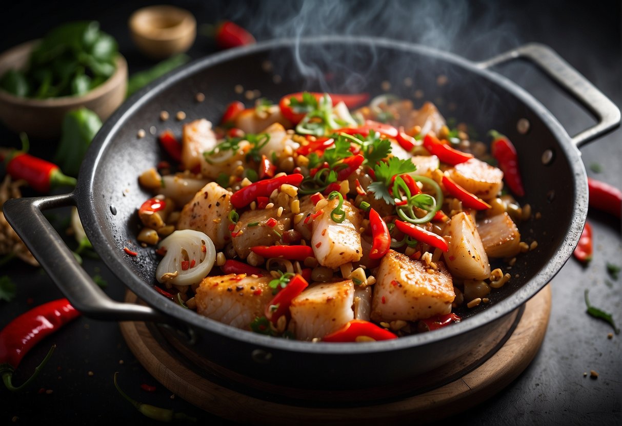 A sizzling wok filled with chunks of tender fish, surrounded by vibrant red chili peppers, Sichuan peppercorns, and fragrant garlic and ginger